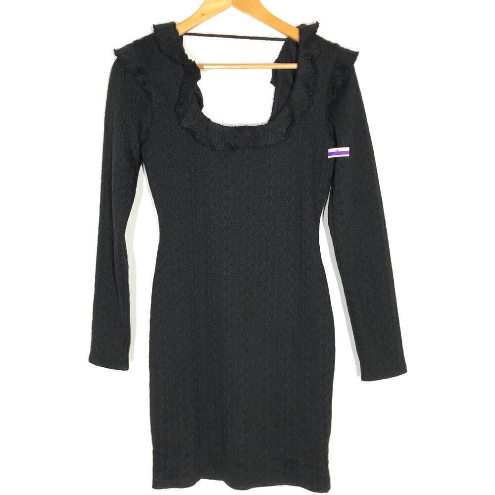 19 Cooper Cable Knit Dress Ruffle Scoop Neck Bodycon Mini Black XS NWT